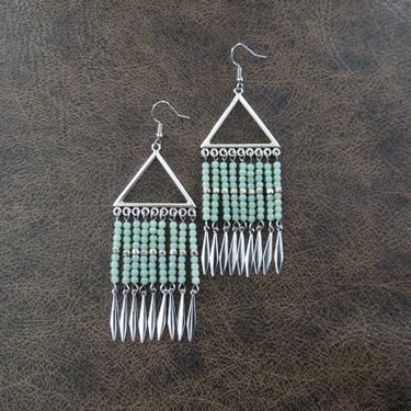 Long seed bead chandelier earrings, sea green 