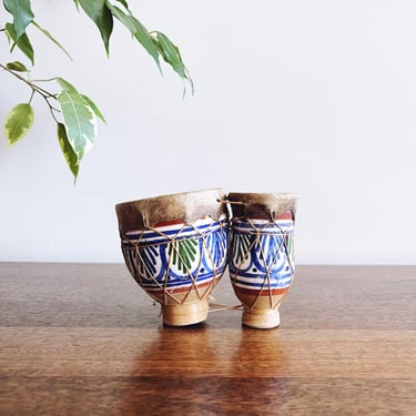 Vintage Moroccan Ceramic and Leather Drums 