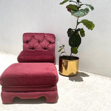 Burgundy Tufted Velvet Slipper Chair and Ottoman