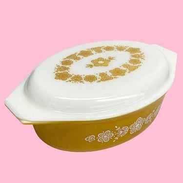 Vintage Pyrex Casserole Retro Mid Century Modern + Butterfly Gold #045 + Size 2.5 Quart + Yellow + White + Ceramic + Covered Baking Dish 