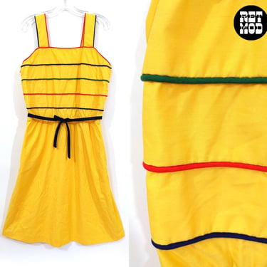 Large Vintage 70s 80s Yellow Primary Color Piping Cotton Sun Dress 