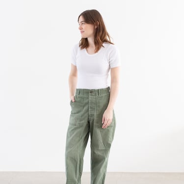 Vintage 26 27 28 Waist Olive Green Army Pants | Unisex Herringbone Twill Utility Fatigues Military Trouser | Button Fly | F488 