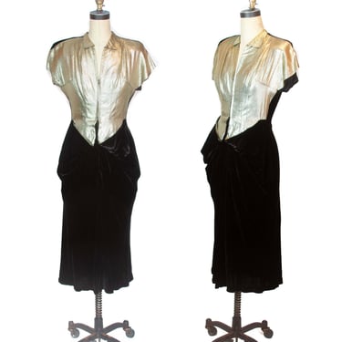 1940s Dress ~ Silver Lamé and Black Silk Velvet Showgirl Dress 