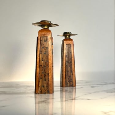 Pair of inlaid olive wood from Jerusalem candle holders 