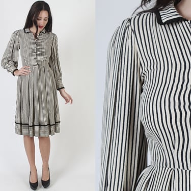 Victor Costa Black And White Pin Stripe Dress, Vintage 80s Designer Cocktail Party Outfit, Vertical Lined Wear To Work Frock 