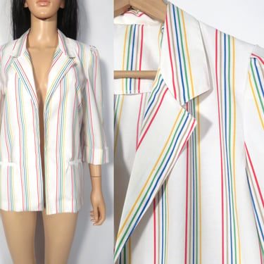 Vintage 80s Rainbow Stripe Lightweight Cotton Blazer Size M/L 