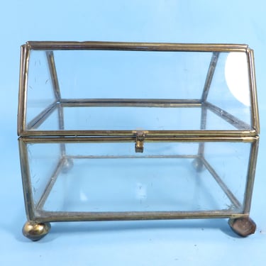 Vintage Glass Brass Box - Rectangle Casket Treasure Chest Shaped Glass Box - Jewelry Casket 