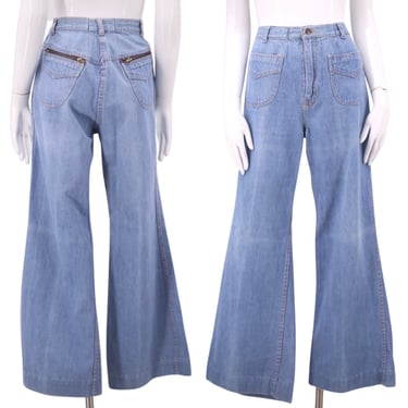 70s sz 28 denim high waisted bell bottom jeans / vintage 1970s S&S Express zipper pocket trousers bells bottoms flares pants M 