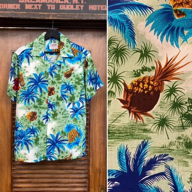 Vintage 1960’s Pineapple Bongo Drum Rayon Tiki Loop Collar Tropical Hawaiian Shirt, 60’s Vintage Clothing 