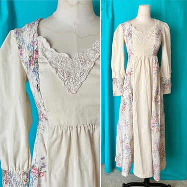 Hippie Boho Maxi Dress, Statement Sleeves, Cottage Core, Vintage 70s, Edwardian, Prairie 