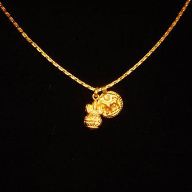 Vintage 22KT Yellow Gold 2-Charm Chain Necklace, Hindu Gods, Lakshmi, Bhairava, Dog Charm, 1.25mm Boston Link Chain, Hook Clasp, 16 3/4&amp;quot; L 