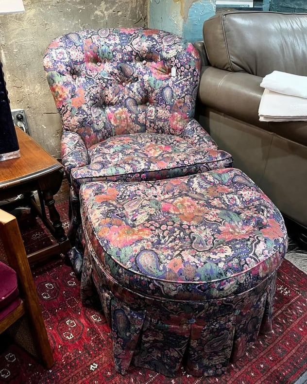 Paisley chair and ottoman situation Chair is 28” x 28” x 32” x 32.5” seat height 17” Call 202-941-8802 to purchase