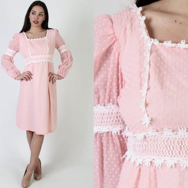 Pink Polka Swiss Dot Dress / Vintage 70s Romantic Country Youthful Frock / Pretty Mid Length Barbiecore Style Mini 