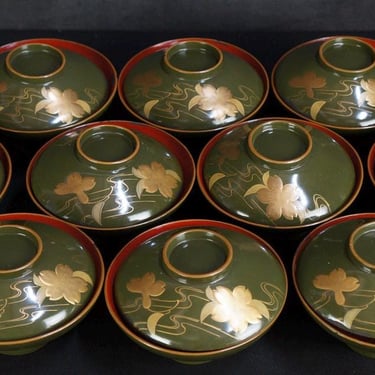 Japanese Owan Miso bowl Sakura Japan lacquered wood cups Maki-e art 1930 