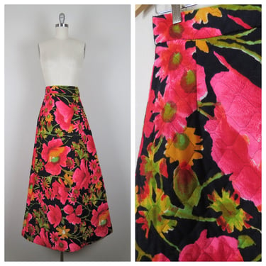 Vintage 1970s floral quilted maxi skirt, hostess, mod, bold floral, groovy, high waist, size small 