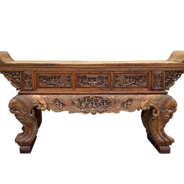 Chinese Vintage Opera Scenery Lion Heads Carving Long Altar Console Table cs7795E 