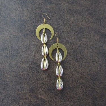 Long cowrie shell earrings, brass and gold 