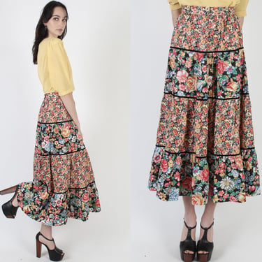 Vintage 70s Wildflower Calico Floral Skirt,  Colorful Prairie High Waist Tiered Midi Maxi Skirt - S 