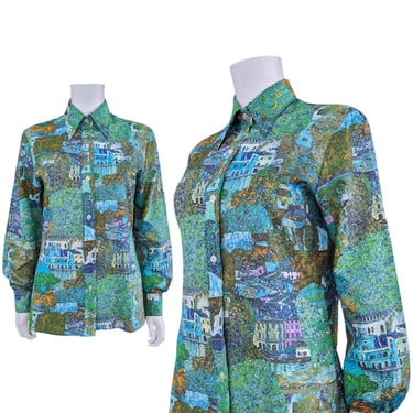 Vintage 70s Novelty Art Print Blouse, Blue and Green Painterly Disco Shirt with Pointy Collar 