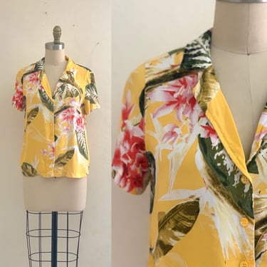 vintage yellow floral print blouse // floral summer top 