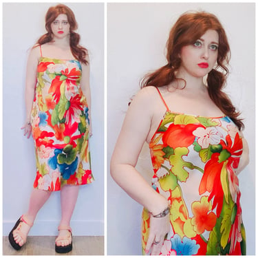 Y2K Vintage Natori Tropical Print Slip Dress / White Poly Silk Bias Cut Floral Colorful Gown / Small - Medium 