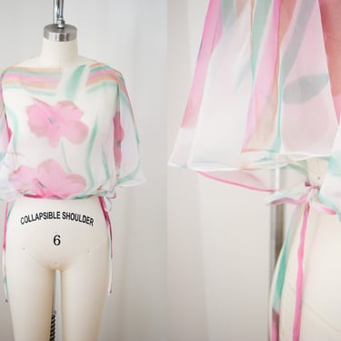 Vintage 1970s Chiffon Overlay Blouse | XS/S | 70s Floral Flutter Sleeve Sheer Top 