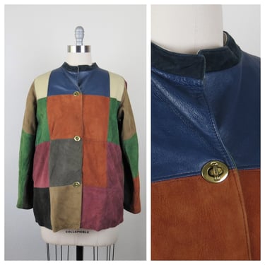 Vintage 1970s patchwork leather jacket, coat, Bonnie Cashin for Sills, brass turnlock, suede, size medium, large 