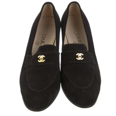 Vintage CHANEL CC Gold TURNLOCK Logo Black Suede Leather Loafers Heels 39 / 8 - 8.5 