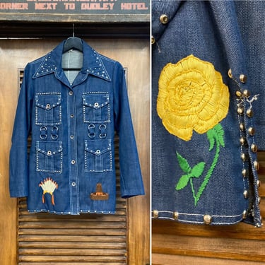 Vintage 1960’s Denim Studded Embroidery Jacket, 60’s Denim Jacket, 60’s Western Wear, Vintage Denim, Vintage Clothing 