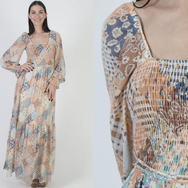 Cottagecore Floral Smocked Dress 70s Jack Kremer Designer Colorblock Sundress Vintage Sun Prairie Maxi Dress 