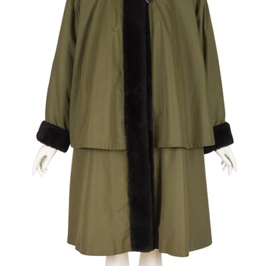 Yves Saint Laurent 1980s Vintage Fur Trim Olive Green Swing Coat 