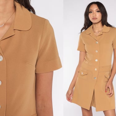 Mod Mini Romper Dress 60s Tan Shift Scooter Dress Built In Shorts Retro Sixties Gogo Short Sleeve Twiggy Retro Vintage 1960s Plain Medium 