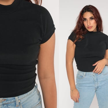 Black Baby Tee 90s Plain Crop Top Retro T Shirt Short Sleeve Basic Solid Cropped Tshirt Minimalist Simple Fitted Vintage 1990s Medium M 