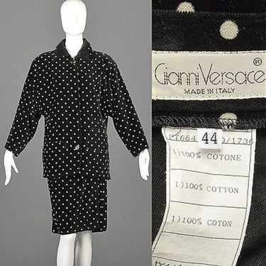 Medium Designer Separates Set Gianni Versace Loose Blazer High Waist Skirt Suit Black Velvet White Polka Dots Vintage 1980s 80s 