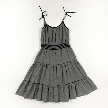 50s Black and White Gingham Fit and Flare Sun Dress / Tie Straps / Scoop Neck / Pin Up / Summer Dress / Sun Dress / Smocking / Stripes / M 
