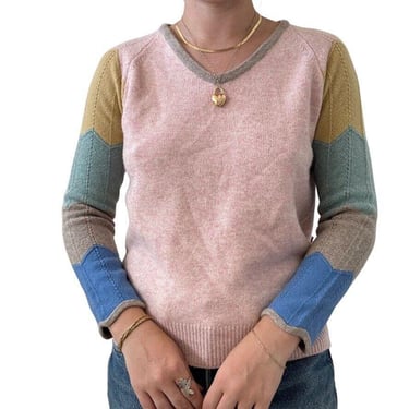 Vintage Color Block Pastel Lambswool Striped V Neck Soft Preppy Sweater Sz M 