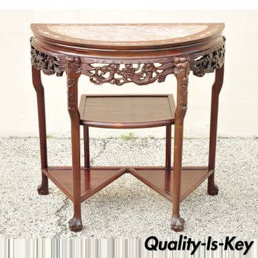 Vintage Oriental Chinese Carved Hardwood Demilune Marble Top Console Table