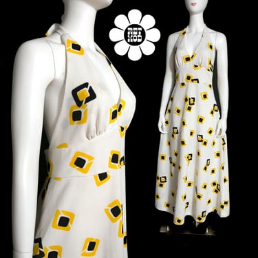 Rad Vintage 70s White & Yellow Abstract Squares Halter Maxi Dress 
