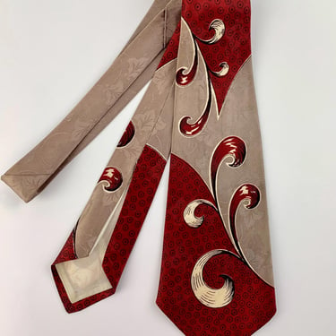 1940's Jacquard Swirl Printed Tie - HABAND Maker - Deep Red with Beige and Cream Swirl Pattern 