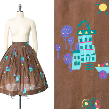 Vintage 1950s Skirt | 50s Novelty Print Cotton Floral Cart People Pleated Brown Full Swing Skirt (x-small) 