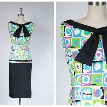 1960s Dress - Sassy Vintage 60s Summer Mod Dress with Sun Print in Aqua, Lime and Purple 
