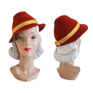 Late 1930s Womens Rust Orange Fedora - 1940s Womens Fedora - Vintage Orange Fedora - Vintage Red Fedora - 1940s Orange Hat - 1930s Fall Hat 