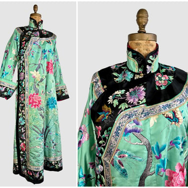 FINE CHINA Antique 20s Embroidered Robe Coat | 1920s Silk Floral, Butterfly Embroidery Chinese Cheongsam Qipao | 30s Vintage, Asian | Medium 
