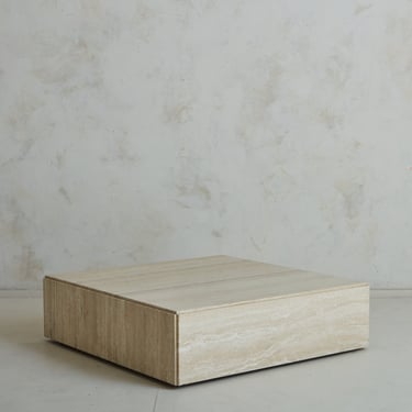 Square Travertine Coffee Table on Castors in the Style of Milo Baughman, Italy 1970s