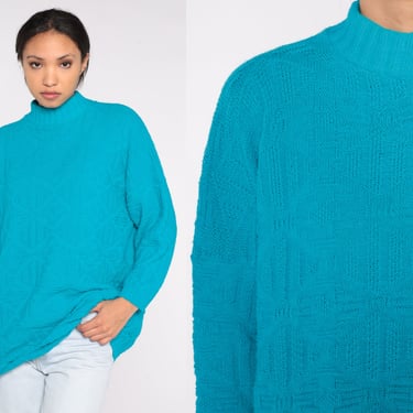 Bright Blue Sweater 80s 90s Textured Knit Sweater Mock Neck Pullover Longline Sweater Basic Turquoise Jumper Plain Vintage Extra Large xl 