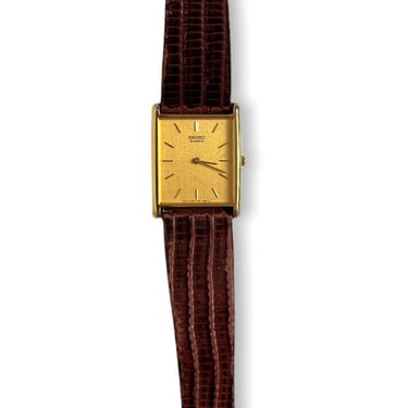 Vintage SEIKO 7N00-5B29 Gold-Tone Dress Watch ~ Tank ~ Quartz ~ Leather Strap 