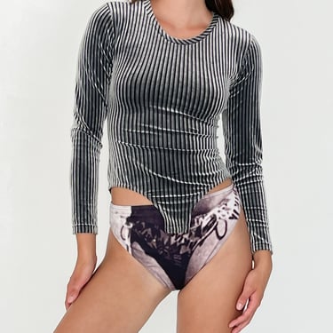 Grey Striped Velvet Bodysuit (S)