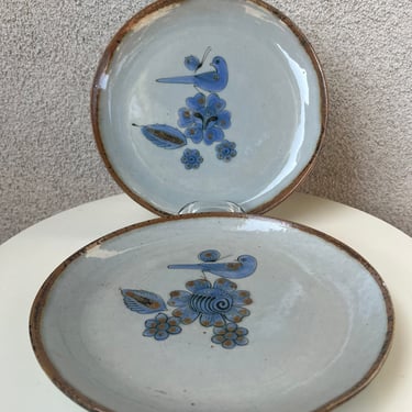 Vintage Ken Edwards pottery dinner Plates Set 2 Blue Bird on flower El Palomar Mexico 10” 