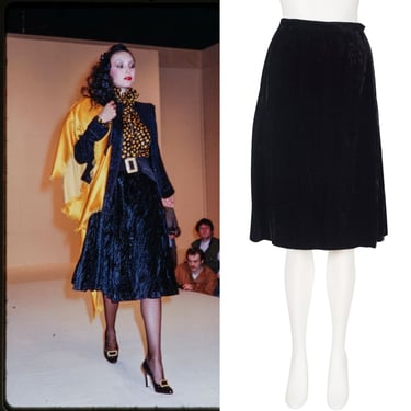 Yves Saint Laurent 1979-80 F/W Vintage Black Crushed Velvet Pleated Wrap Skirt Sz S 