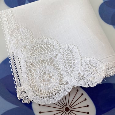 Vintage white lace hankie, a brides wedding handkerchief in linen with battenburg lace trim. Something old tradition for bridal shower gift 